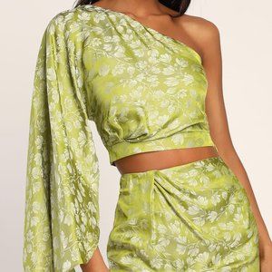 Lulus | Set for Chic Green Floral Print Satin Jacquard One-Shoulder Top (Size M)